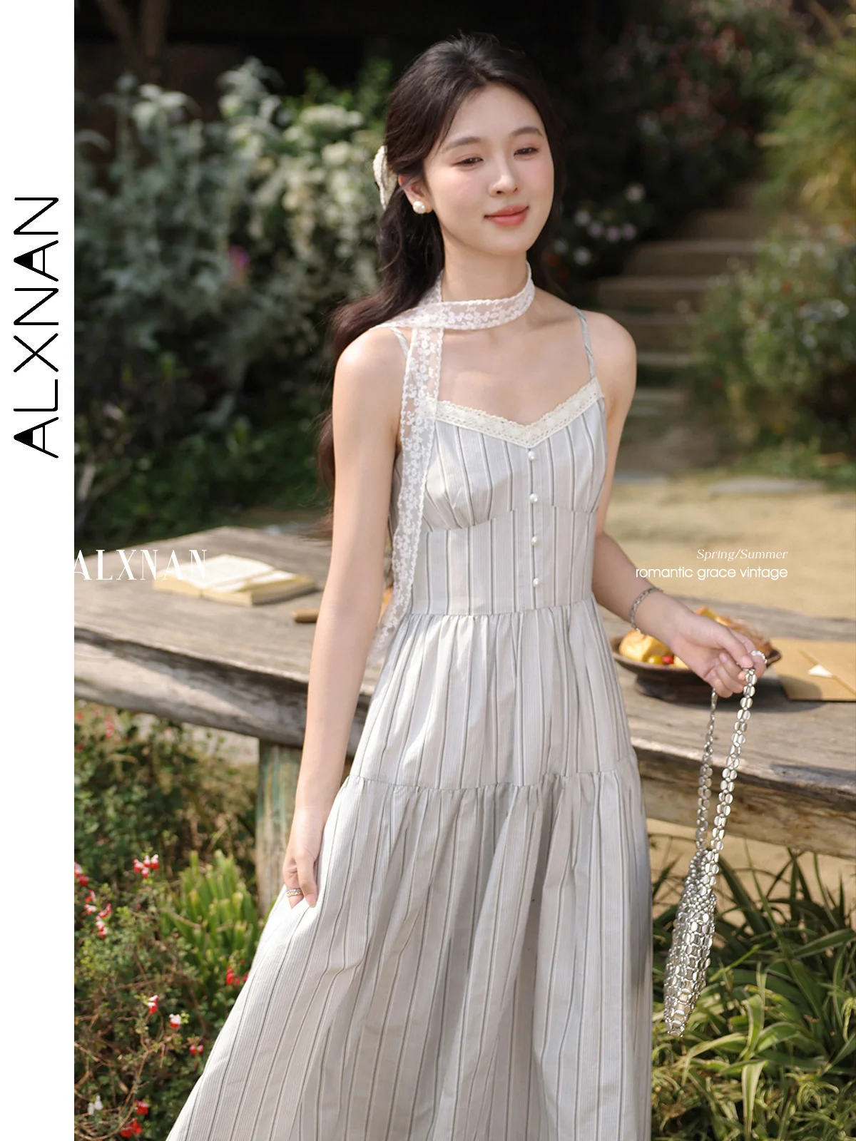 

ALXNAN Women's Striped Dress Long Elegant Holiday Party Dress 2025 Summer A-line V-neck Lace Design Casual Clothing QYM002493