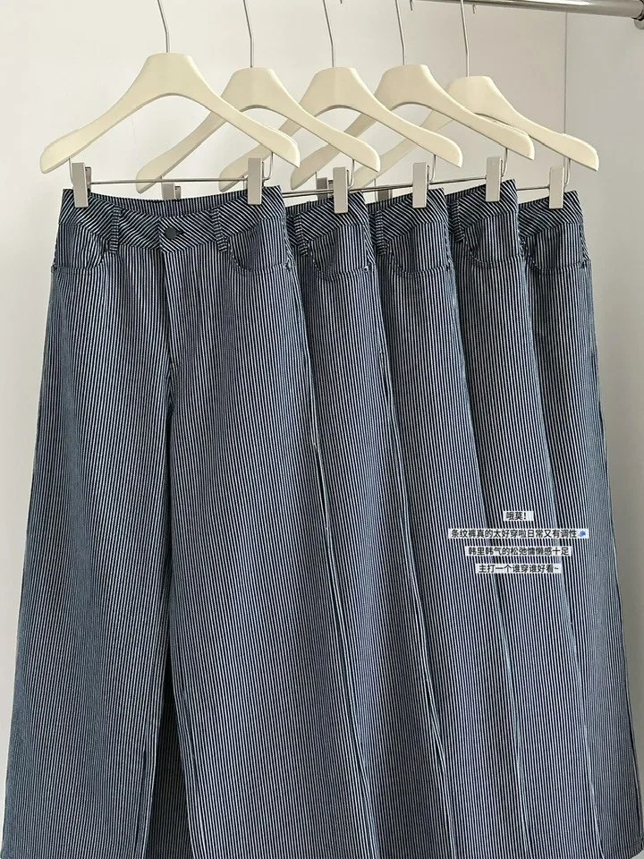 Blue Striped Wide Leg Jeans Women's Loose Casual Straight Cut Trousers Versatile Autumn New Sle Ladies Faion