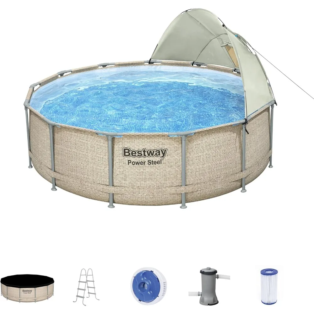 Power Steel Round Above Ground Outdoor Swimming Pool Set with Shaded Canopy, 530 Gallon Filter Pump, Ladder, and Pool Cover