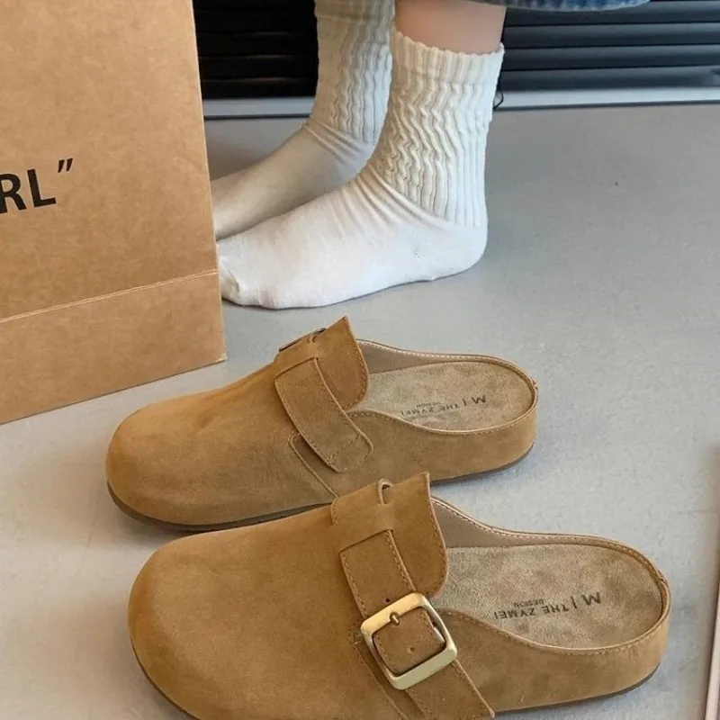 Women Suede Clog Mules, Round Toe Metal Buckle, Slip‑on Backless Design,Soft Flat Sole, Casual Retro Outdoor Daily Slipper Shoes
