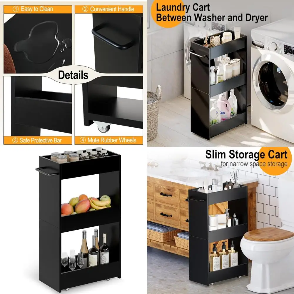 

Narrow 3-Tier Rolling Utility Cart with Handle, Mobile Shelves for Kitchen, Laundry, and Bathroom Storage in Black