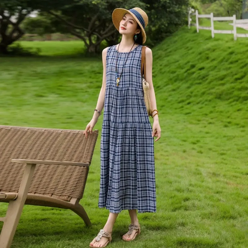 Women Sleeveless Polka Dot Striped Maxi Dress Loose Casual Soft Cotton Dress For Middle Aged Women