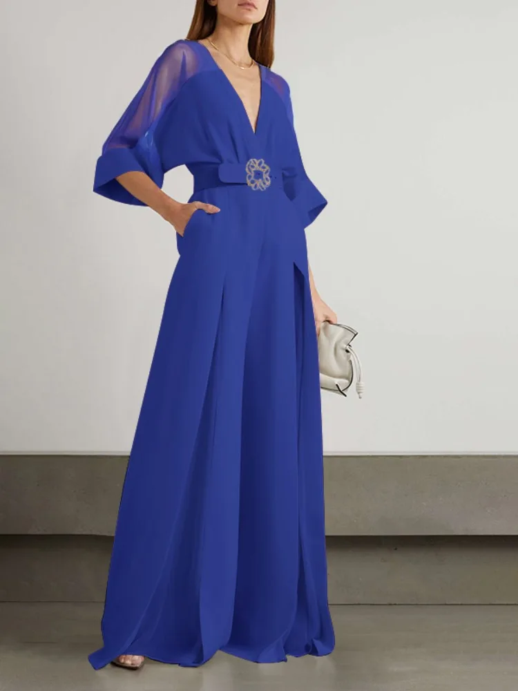 

Women's Solid Color Belted High Waisted V-Neck Jumpsuits Sheer Sleeves Loose Pleated Elegant Party Evening Office Overalls