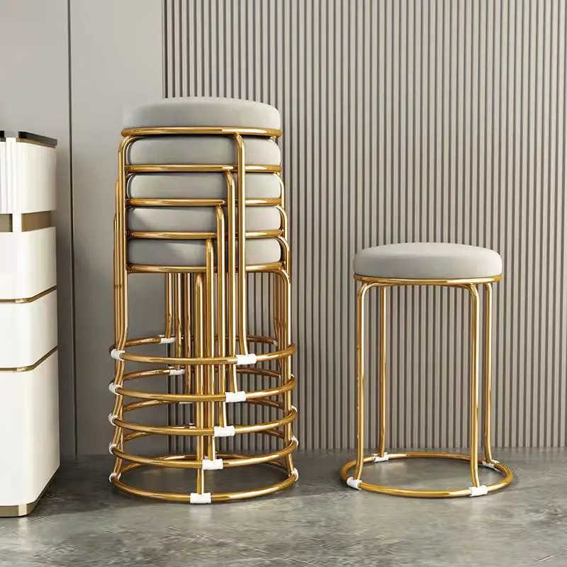Round stool household modern simple high bench stackable dining chair light luxury high sense stainless steel dining table small