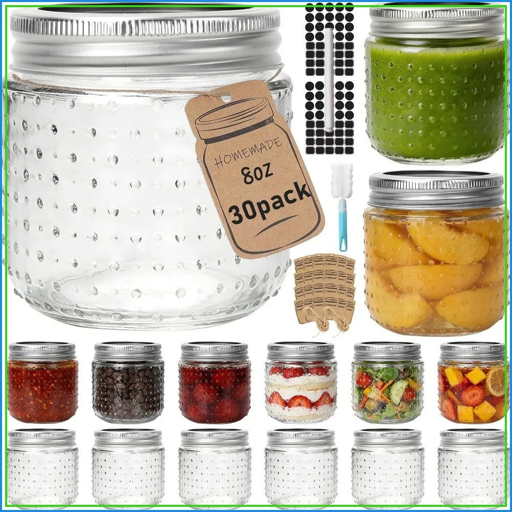 8oz Mason Jars, 30 Pack with Silver & Colorful Lids, Glass Jars for Honey, Jam, Wedding Favors