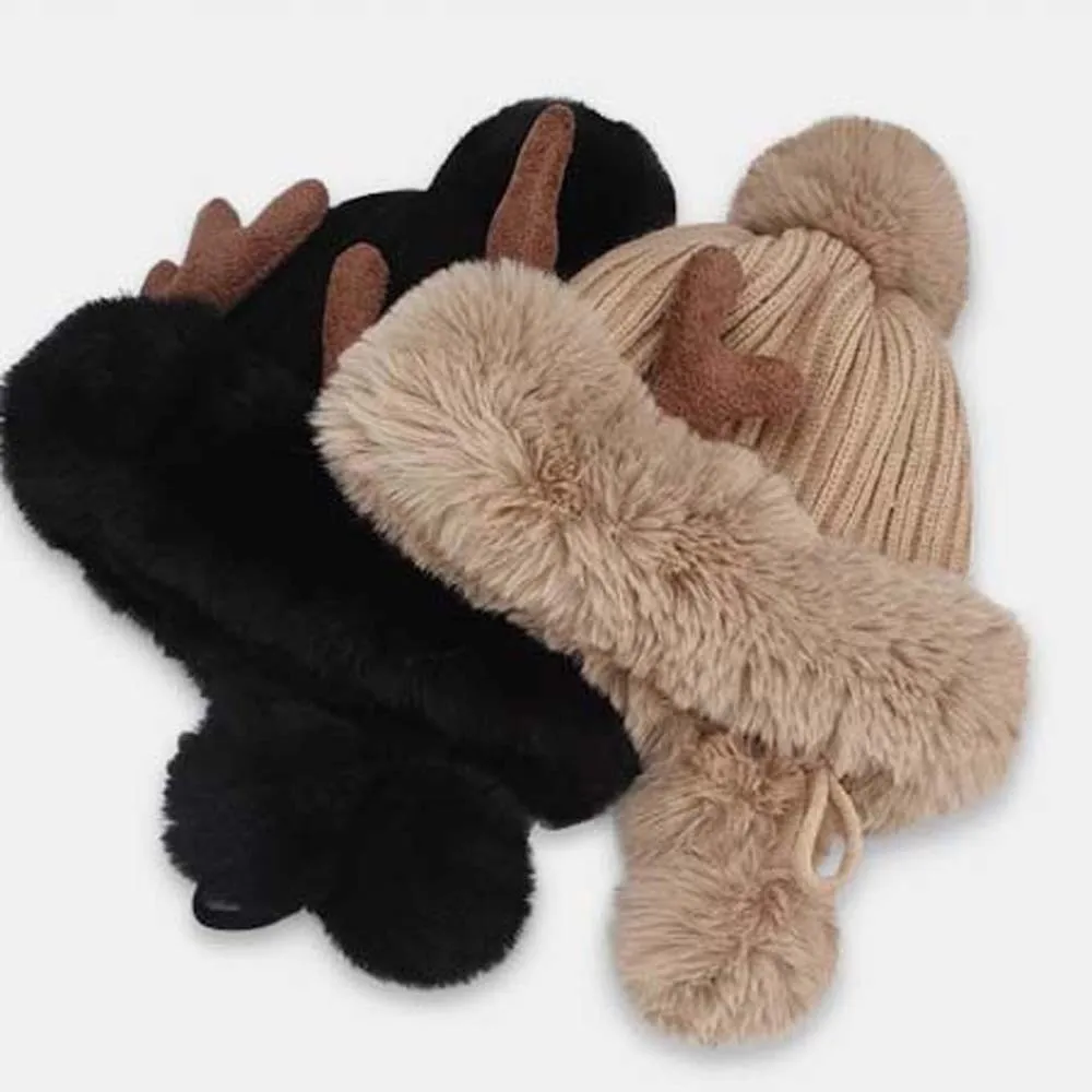 Plush Pom Beanie Thickened Deer Antler Beanie Thermal Windproof Ear Protection Cap Washable Ribbed Warm Earflap Hat Students
