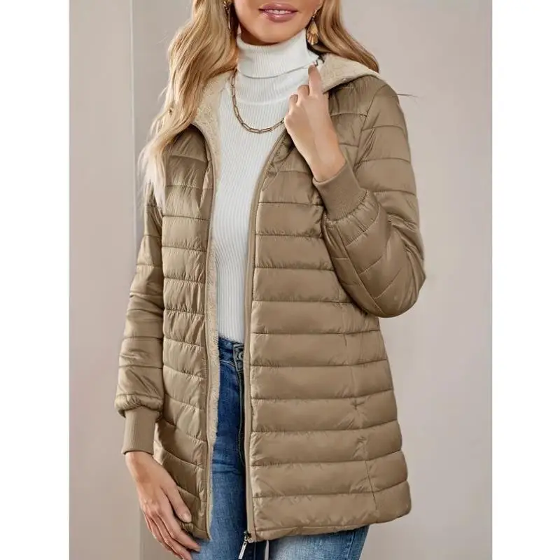 

New 2026 Women's Long Sve Jaet Fabric Filled Casual Outerwear V-Ne ort Length Zipper Closure Other Material Coat