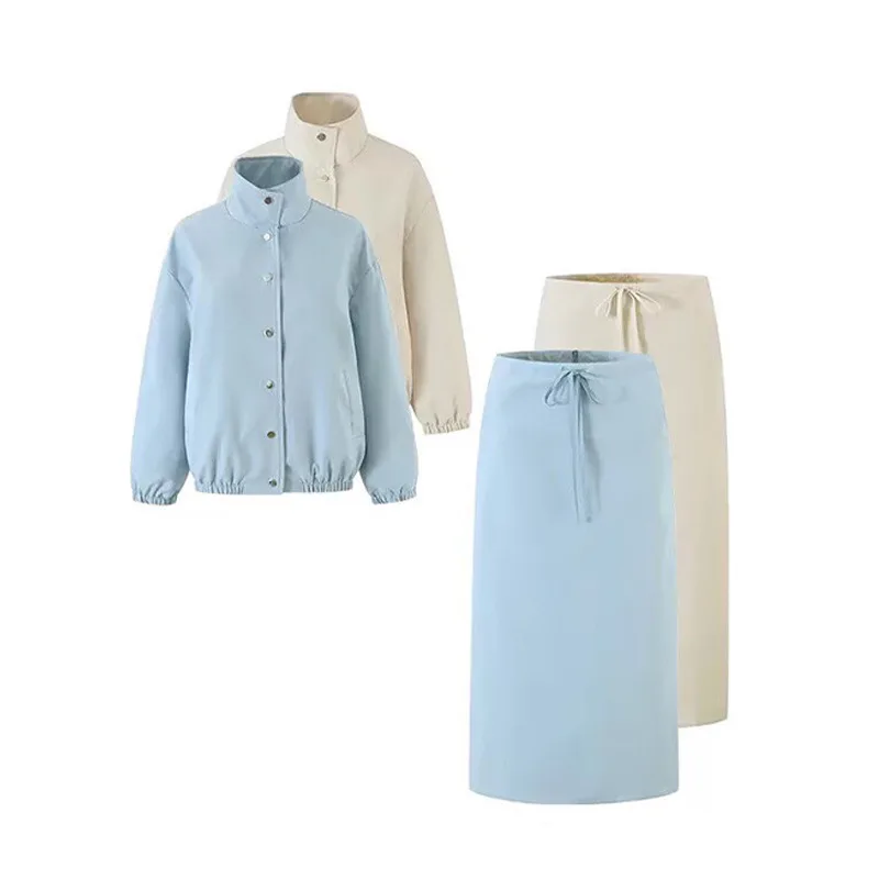 Women workwear lapel trench coat pocket skirt Set Street Cargo Style Loose Stand-Collar Buttons Jacket,Lace-up Midi Skirt