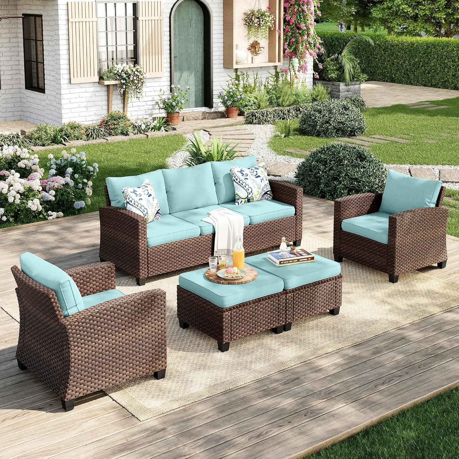 Patio Furniture Set, 5 Pcs Wicker Rattan Outdoor Conversation Set, 2 x Leg Chairs, 1 x 3 Seater Sofa and 2 x, Customized
