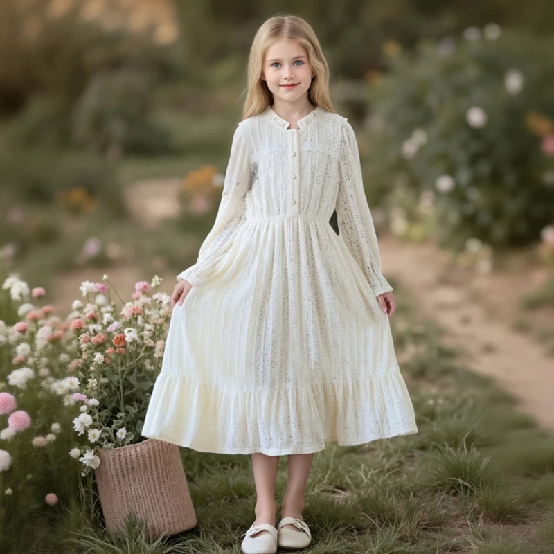 

Girls Lace Long Sleeve Dress Ruffle Tiered A-Line Midi Dress for Kids 6-14 Y Elegant Princess Dress for Party Wedding Daily Wear