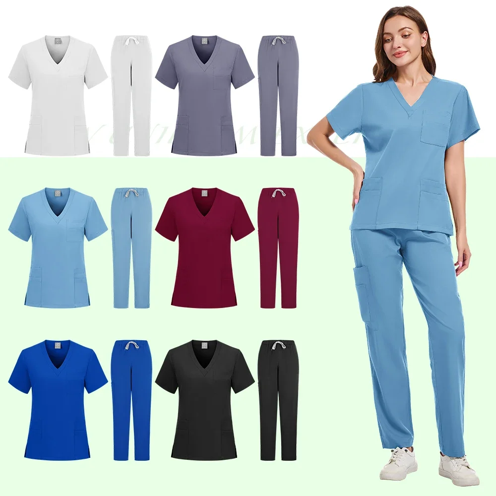 

Uniform set Short-sleeved scrubbed top and pocket pants Medical nurse uniform Doctor surgical overalls Spa coat Beauty salon