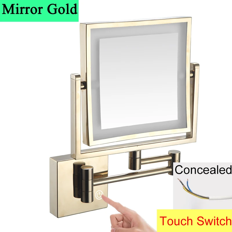 Square Touch Led opvouwbare badkamerspiegel 3x vergrotende badkamer make-upspiegels Accessoires Wandmontage Touch on badspiegels