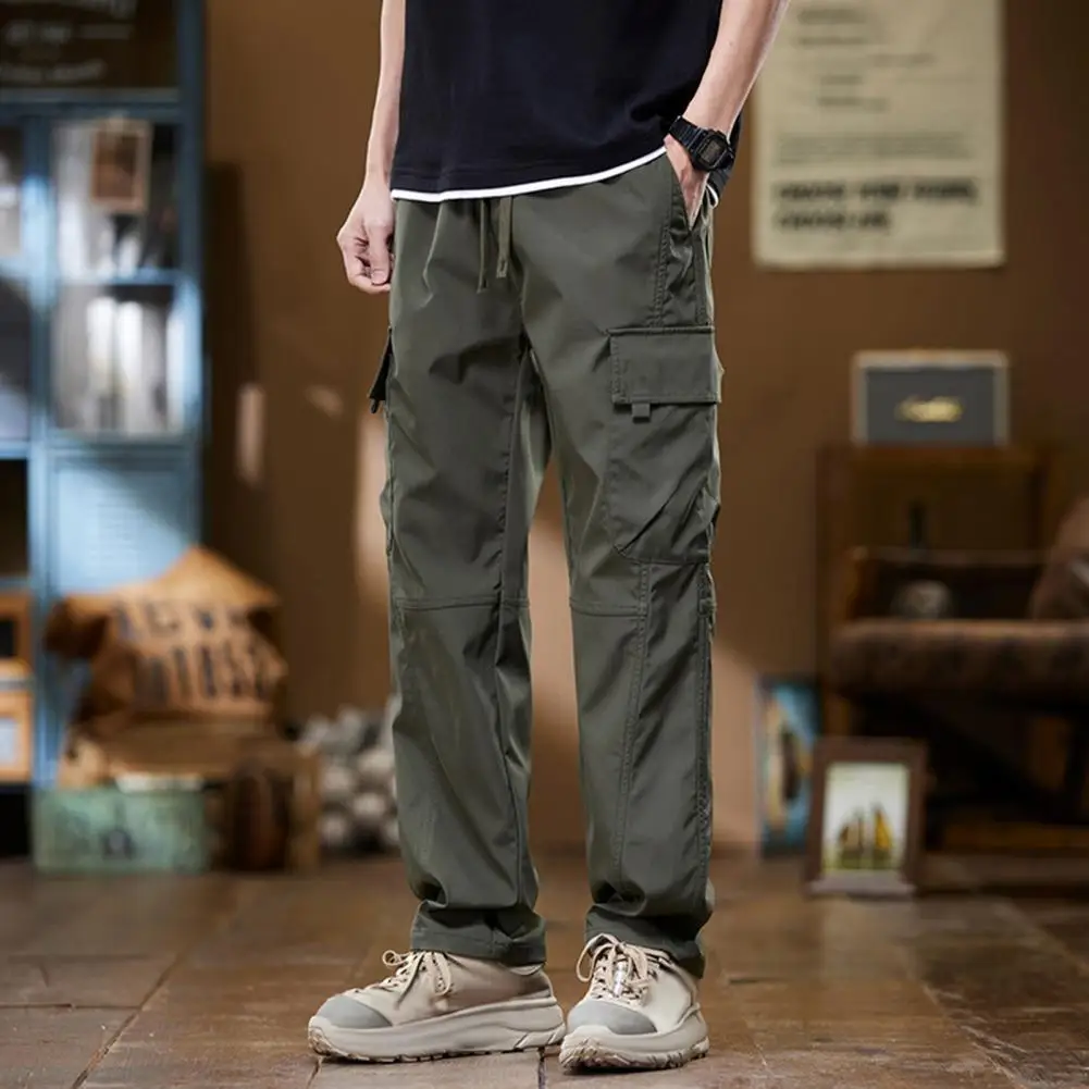 Ergonomic Design Trousers Vintage High Street Style Men's Cargo Pants With Drawstring Waist Multiple Pockets For Outdoor Travel