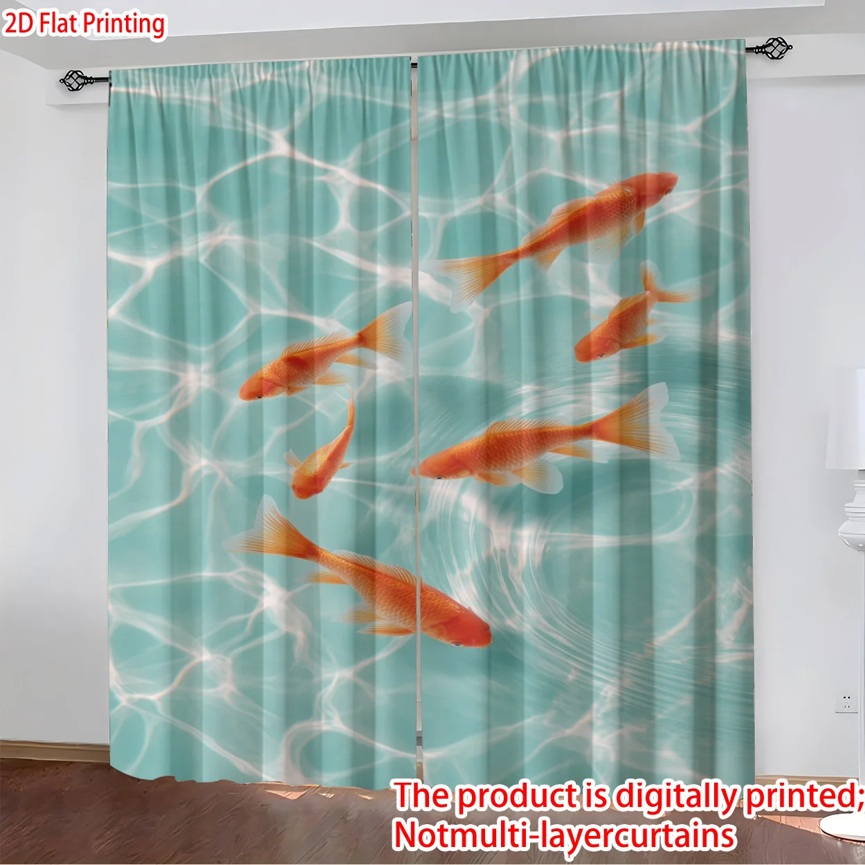 3D Goldfish Pond Curtain, Underwater Fish Swimming Blackout Drapes, Blue Water Ripple Window Treatment for Living Room Bathroom