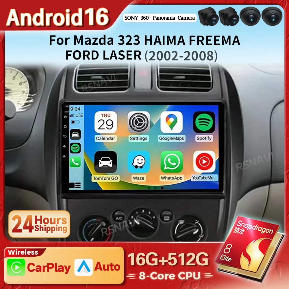 Android 16 Carplay Auto Car Radio Multimedia Player For MAZDA 323 HAIMA FREEMA FORD LASER 2002 - 2008 WIFI+4G Stereo Snapdragon
