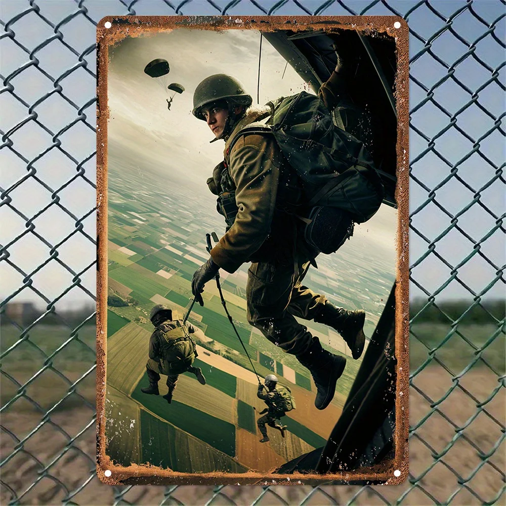 Vintage WWII Paratroopers Jumping from Aircraft Metal Tin Sign Retro Military Art Wall Plaque Airborne Soldiers Themed Iron Pain