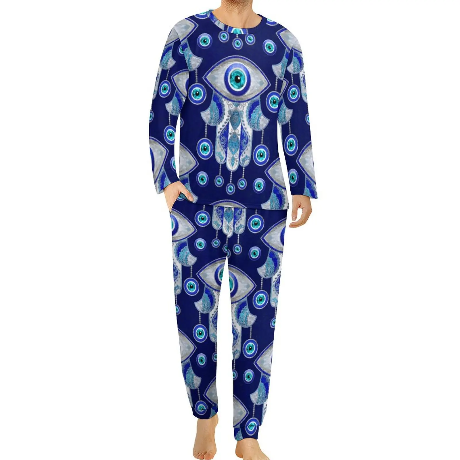 Abstract Evil Eye Pajamas Autumn Hamsa Hand Room Sleepwear Male 2 Pieces Graphic Long Sleeve Soft Oversized Pajama Sets