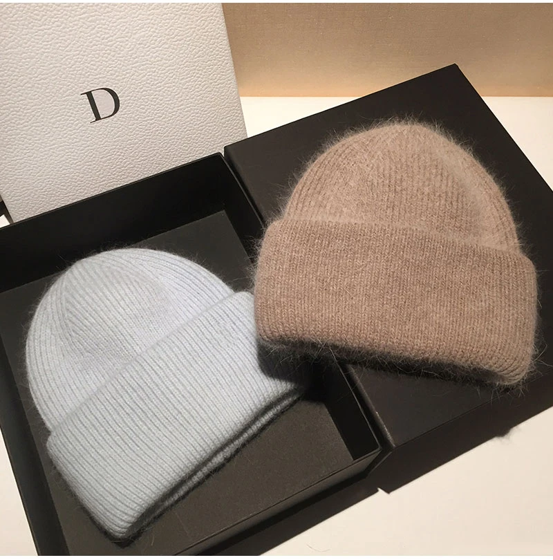 Rabbit Fur Beanies Soft Warm Fluffy Winter Hat for Women Angora Knitted Hat Skullies Beanies Female Bonnet Woman Knit Cap