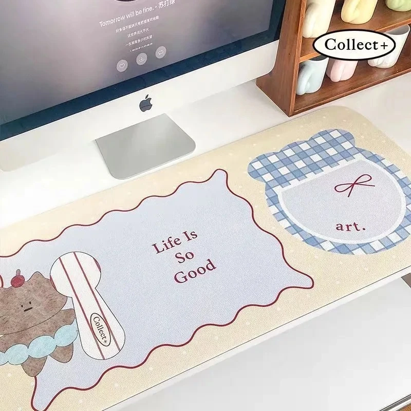 Leather Desk Pad Protector Cute Bear Dots Y2K Kawaii Board Mouse Pad Office Desk Mat Waterproof Oilproof PU Desk Keyboard Pads