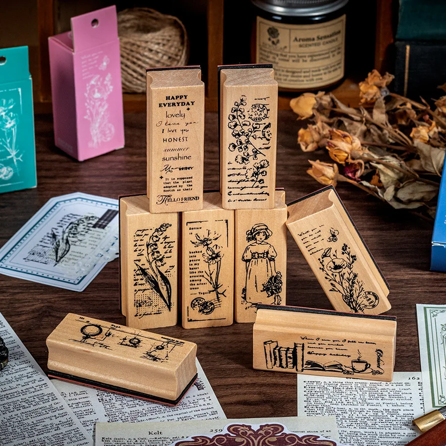 طالب رائعة الزهور الخشبية النباتات الفتيات الأختام الإبداعية كتيب النباتات الطازجة DIY بها بنفسك مذكرات الأختام الزخرفية 8 أنماط ختم الخشب