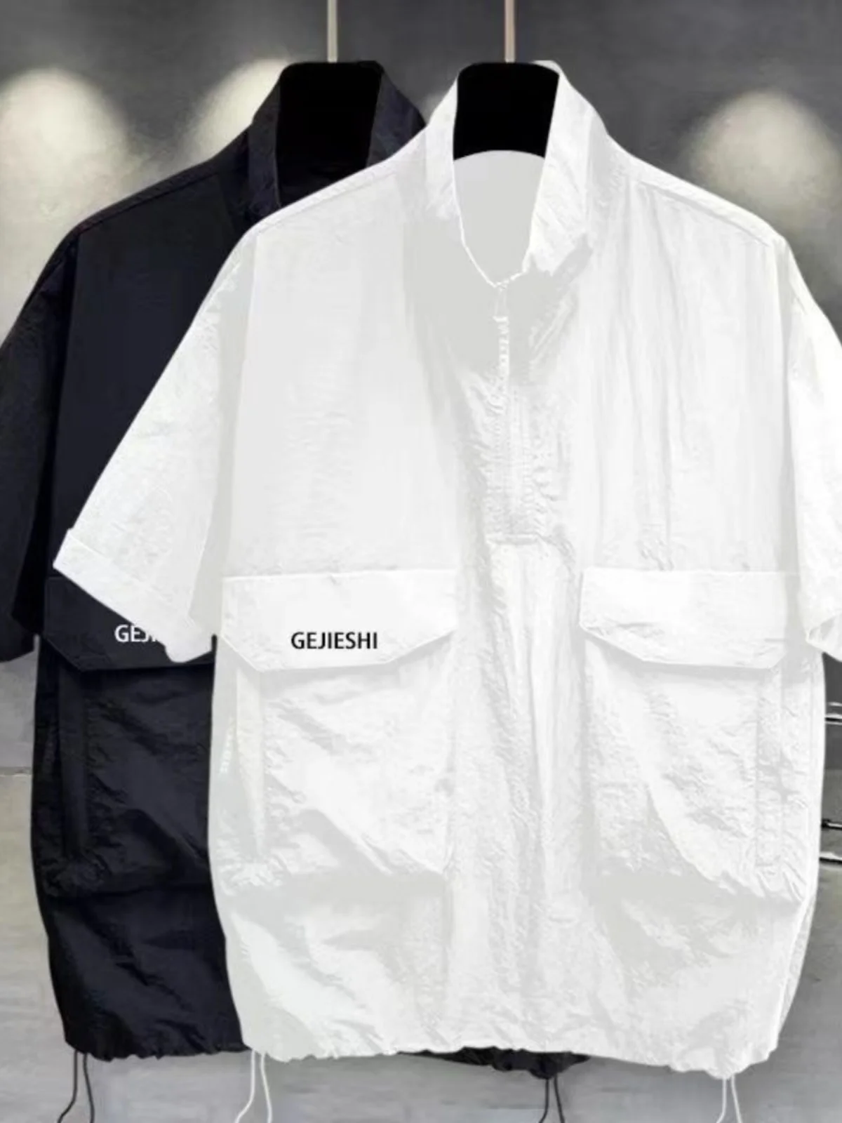 Casual Half Zipper Stand Collar Short Sleeve T-Shirt Men Summer Trendy Workwear 3D Pocket Design Half Sleeve Leisure Sunscreen