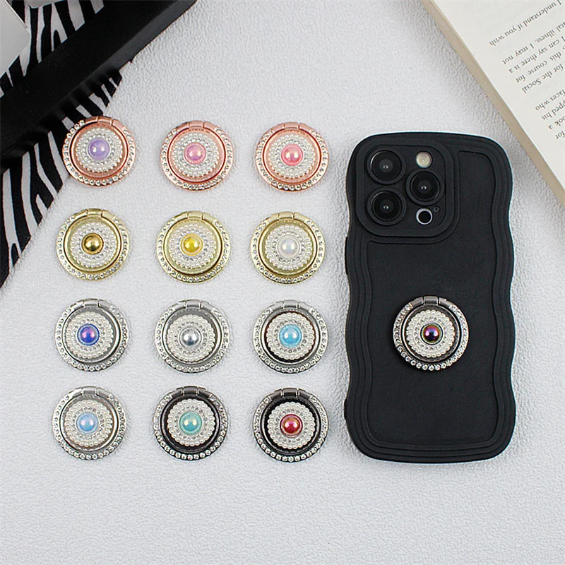 

Bling Glitter Diamond Pearl Shiny Jewelry Metal Universal Mobile Phone Finger Ring Crystal Bracket Holder 360° Rotatable Support