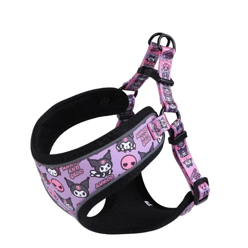 Sanrioed Kuromi Reflective Dog Harness Cartoon Adjustable Small and Medium Dog Quick Release Vest Harness Soft Walking Leash Set