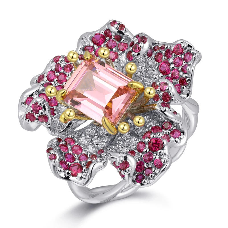 KOSE Luxury 925 Sterling Silver Ring Sapphire Ruby Sparkling Zircon Flower Shape Ring for Women Wedding Bridal Fine Jewelry Gift