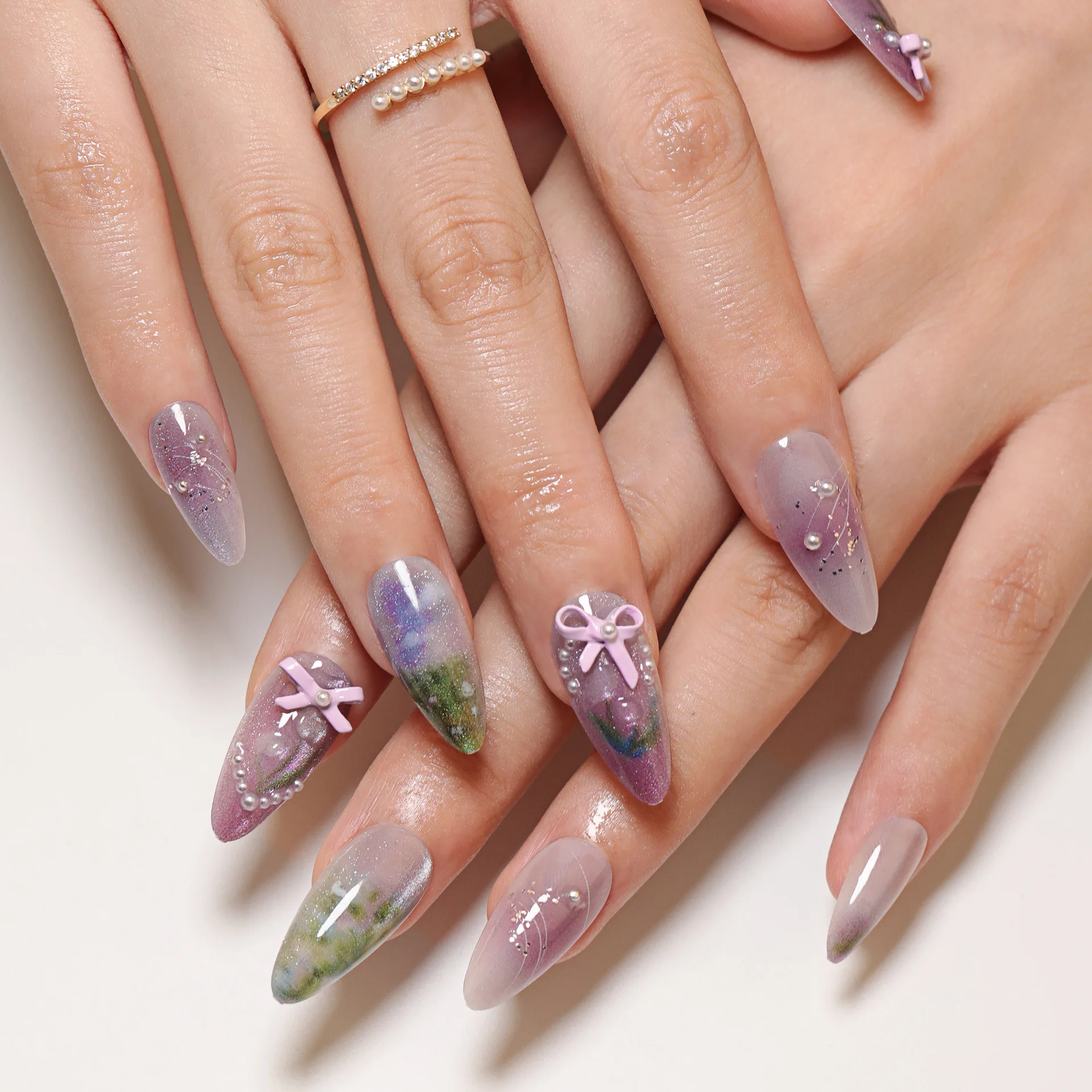 

24 шт. 3D бантики Press On Nails Блестящие фиолетовые накладные накладки для ногтей с жемчужной росписью Дизайн Sweet Ins Стиль Накладные кончики ногтей
