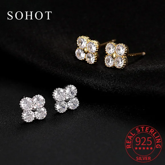 

Real 925 Sterling Silver Zircon Clover Stud Earrings for Women Cute Plant Fine Jewelry Minimalist Light Luxury Accessories