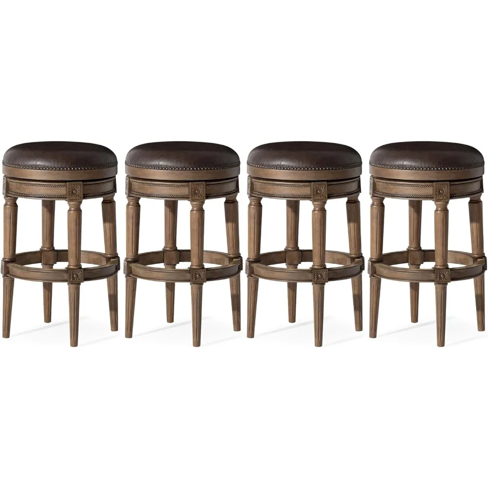 

Tall Bar Height Upholstered Backless Barstool in Walnut Finish with Marksman Saddle Vegan Leather Cushion Seat, Set of 4