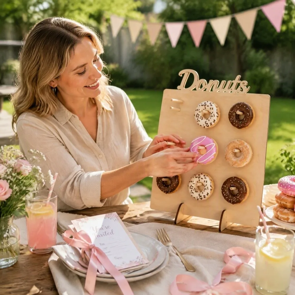 9 Capacity Wooden Doughnut Rack Wooden Wall Mounted Doughnut Display Stand Display Board Household Doughnut Rack Birthday Party
