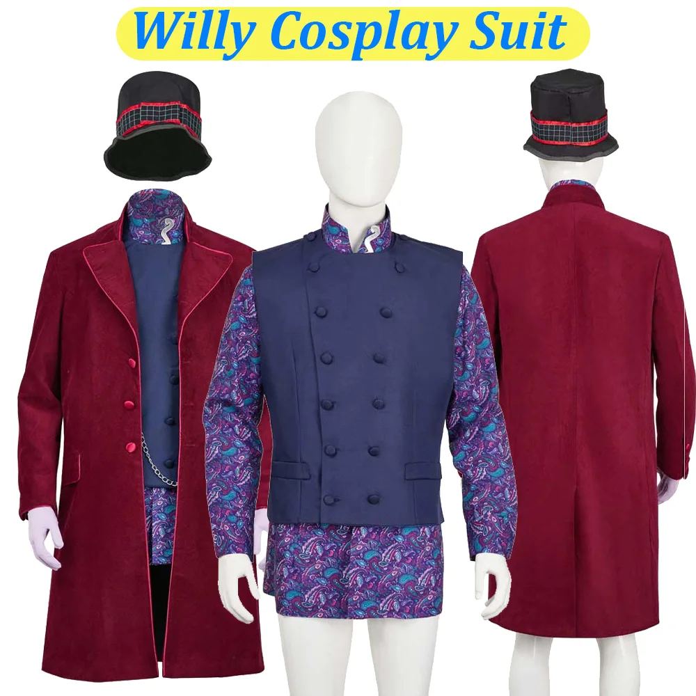 

Disguise Willy Cosplay Costume Movie Chocolate Roleplay Shirt Coat Hat Gloves Men Suit Outfits Halloween Carnival Party Clothing