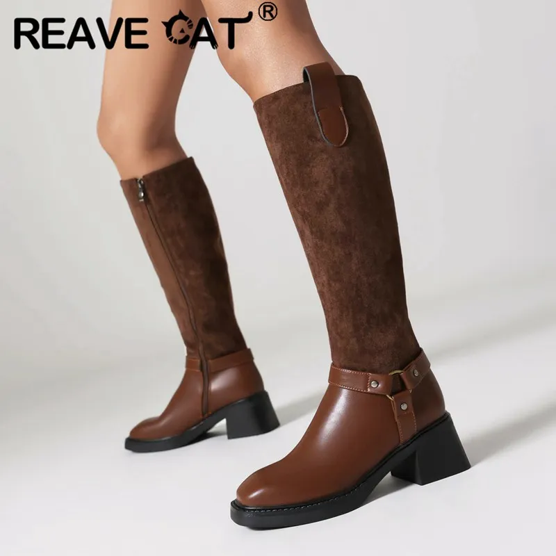 

REAVE CAT Female Knee High Boots Suede Mixed Square Toe Chunky Heels Zipper Metal Decoration Plus Size 42 43 Casual Knight Booty