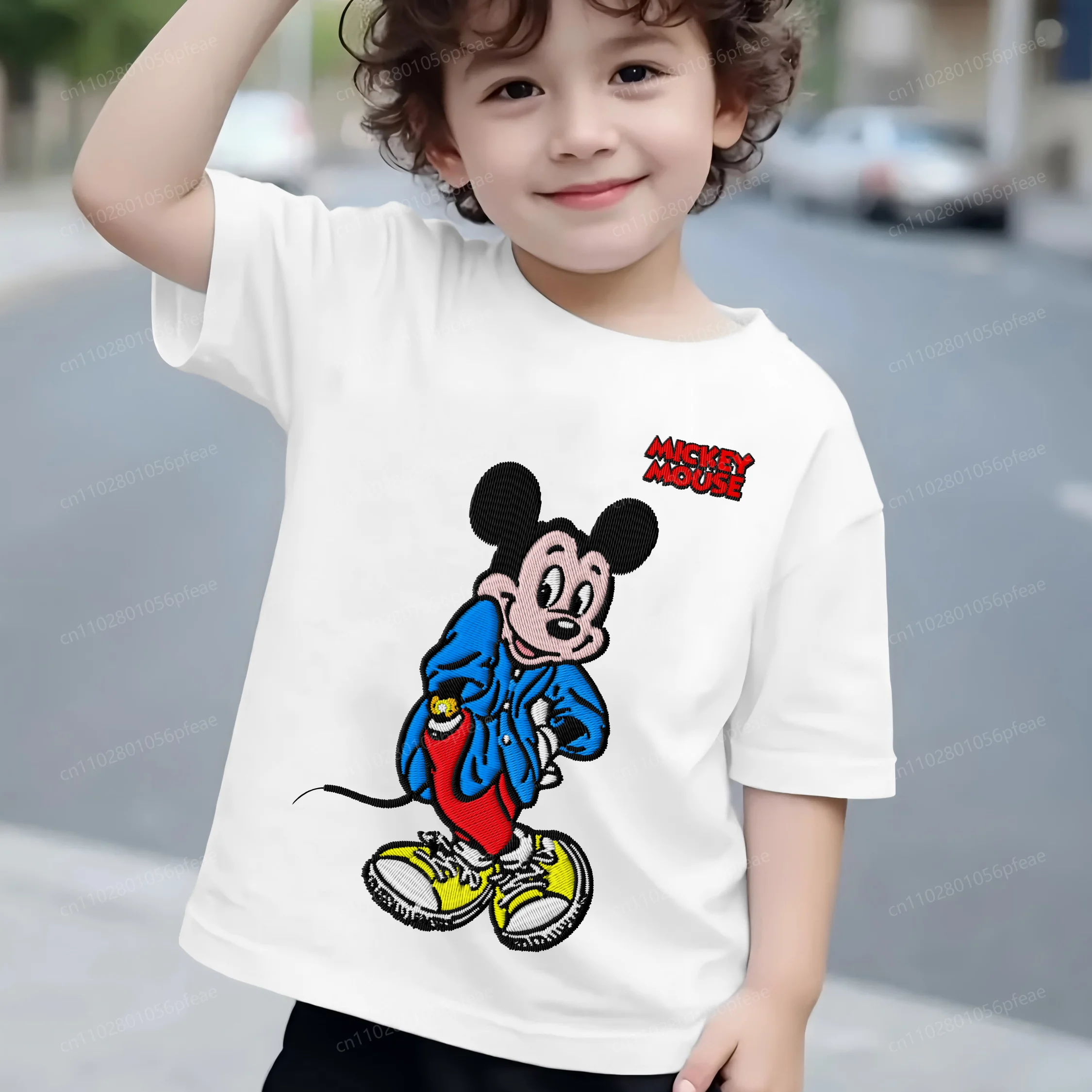 

2025 Kids Clothes Embroidery Mickey 3D Printing Texture Children's Clothing Boys Pure Cotton T-shirt for a Boy Disney Summer Top