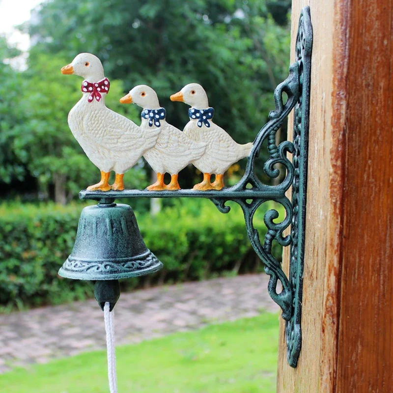 Antique Green White Duck Cast Iron Wall Bell Mother Sons Home Garden Paint Colored Double-Sided Hand Cranking Welcome Door Ring