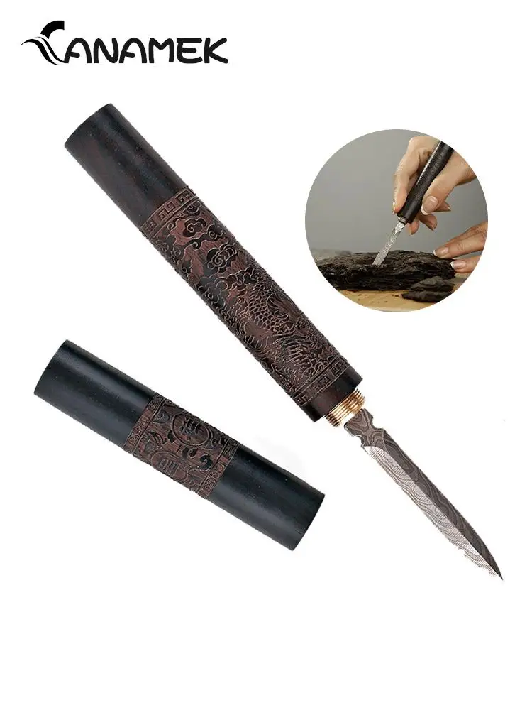 1Pcs Teaware Stainless Steel Ebony Chinese Puer Tea Needle Cutter Damascus Tea Knife Needle Pick With Wooden Handle