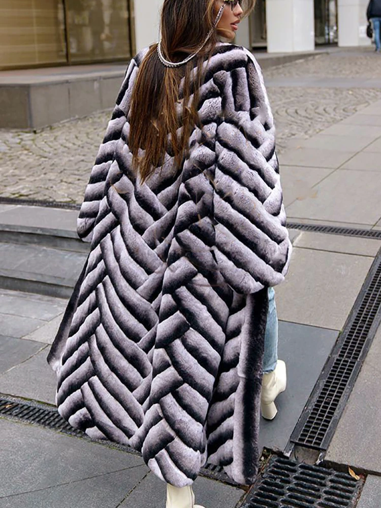 Natural Rex Rabbit Fur Woven Coats Women Winter New Streetwear Warm Outertwear Contrast Color Thicken Real Fur Jacket Female
