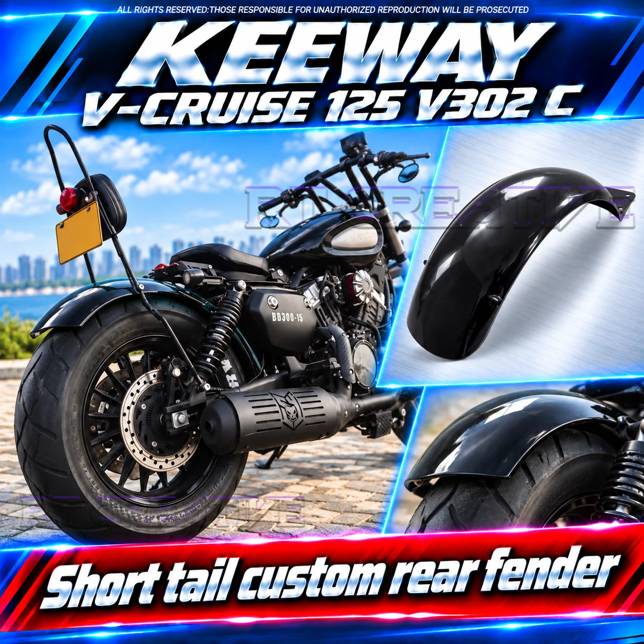 Motorcycle Bobber Retro Long Mud Tile Fit Keeway V302C V Cruise125 BD300, Short Tail Extended Rear Fender Mod