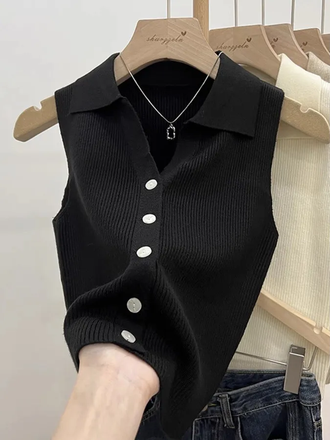 Ele  Collar Red Strap Vest Women Summer Single Button Thin Knitted Svel Top Commute Sle Slim Fit  Color