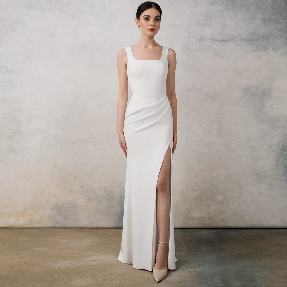 

High Quality Customized Sheath Jersey Wedding Dress with Side Slit Simple Square Collar Sleeveless Bridal Gowns for Women