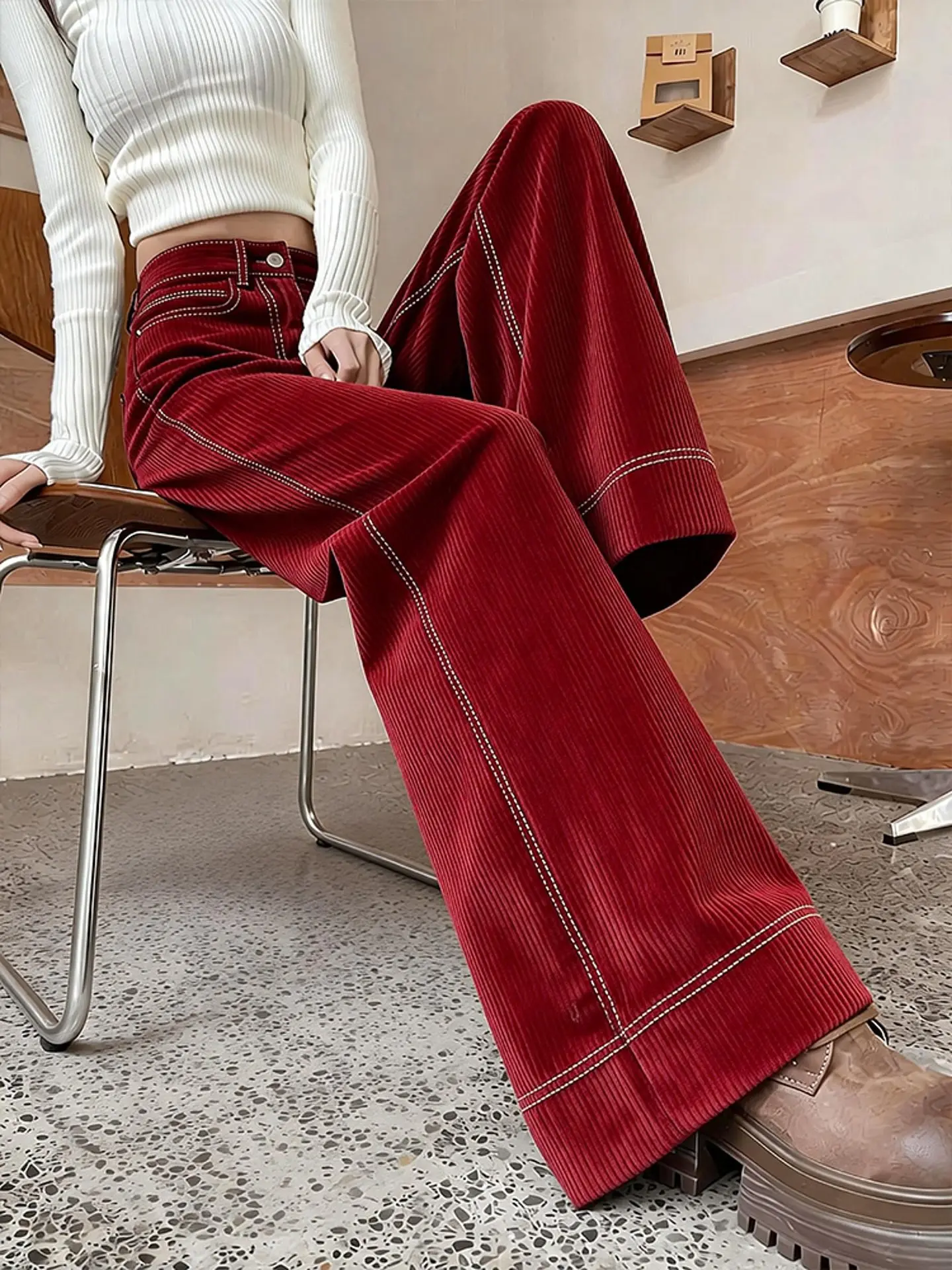 Pantalones de pana de cintura alta de pierna ancha para mujer, a la moda, color rojo vino, corte recto, largos, informales de primavera
