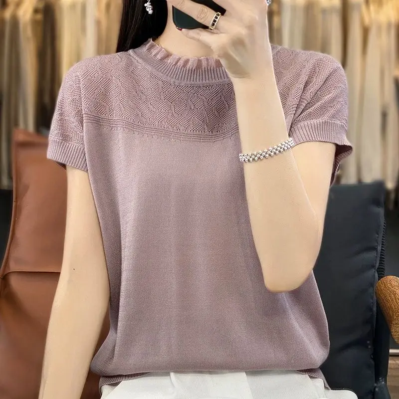 Korean Summer New Women\'s O-Neck Solid Lace Jacquard Weave Hollow Out Fashion Versatile Loose Short Sleeve T-Shirts Knit Tops