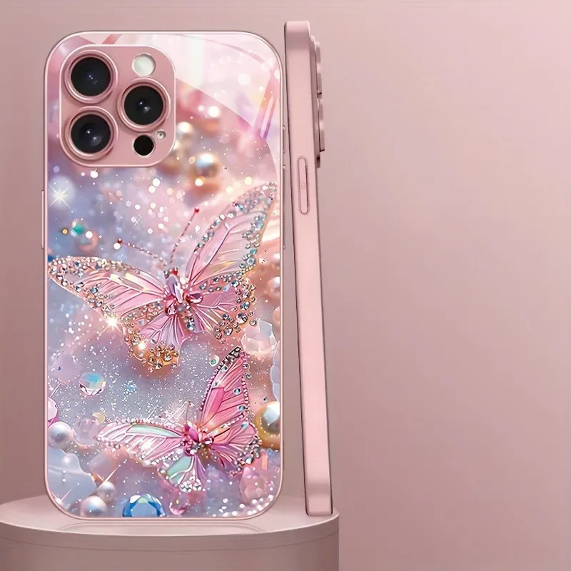 Coque de téléphone à motif de perles papillon, étui de luxe en verre trempé pour iPhone 17 16e 16 15 14 13 12 Mini 11 Pro XS Max XR X Air Plus
