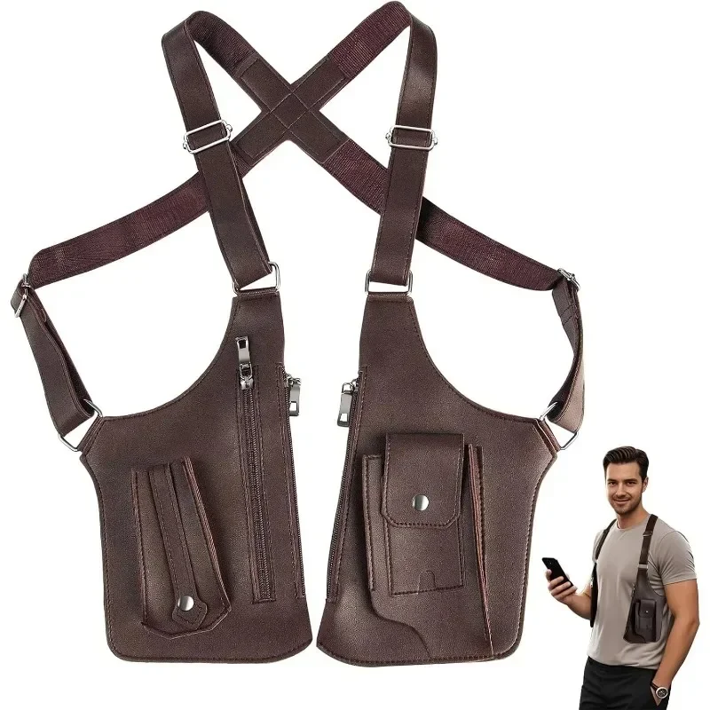 

High Quality Men’s Tactical Vest Bag PU Leather & Oxford Cloth, Vintage Design with Phone Pouch, Man Chest/Underarm/Back Pack