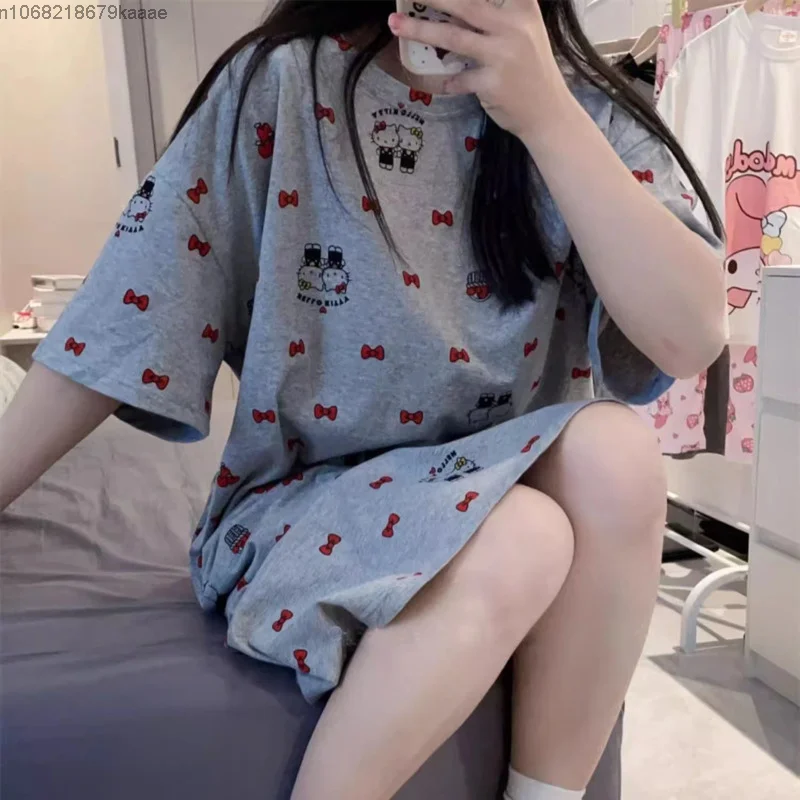 Sanrio Hello Kitty New Summer Cute Nightgown For Women Short Sleeved Tshirt Loose Cartoon Round Neck Pajama Dress Y2k Sleepwear