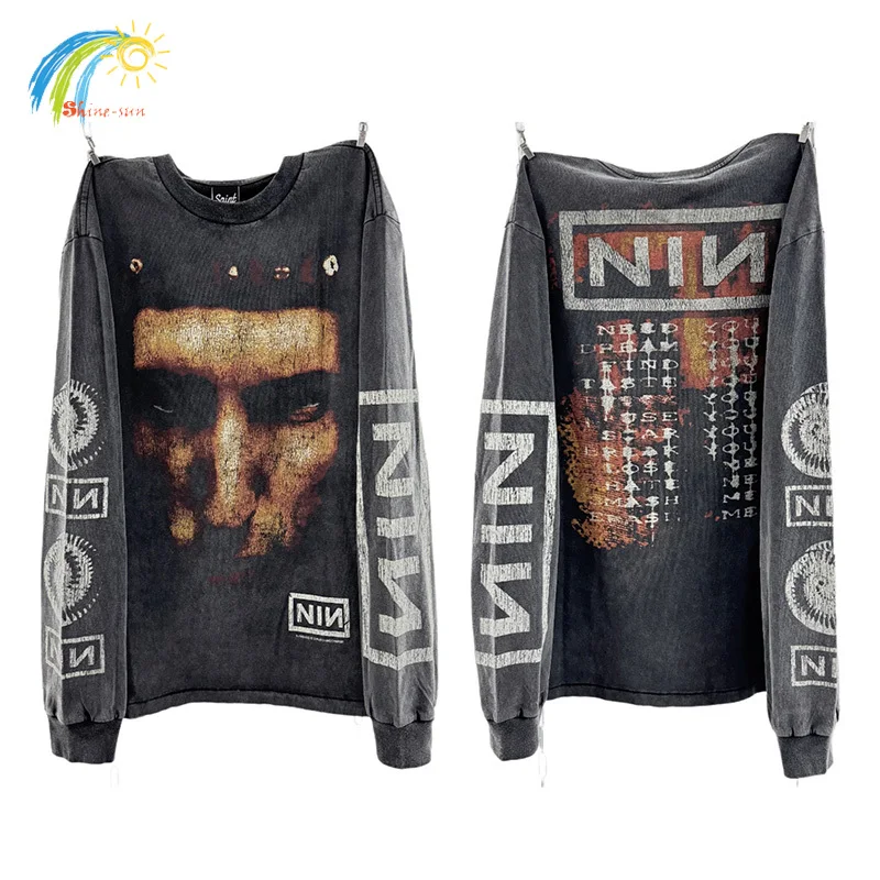 خمر غسلها الأسود المتضخم سانت قاعدة تي شيرت الرجال النساء متصدع الرسومات خطابات شعار تسعة بوصة مسمار كم طويل تي شيرت