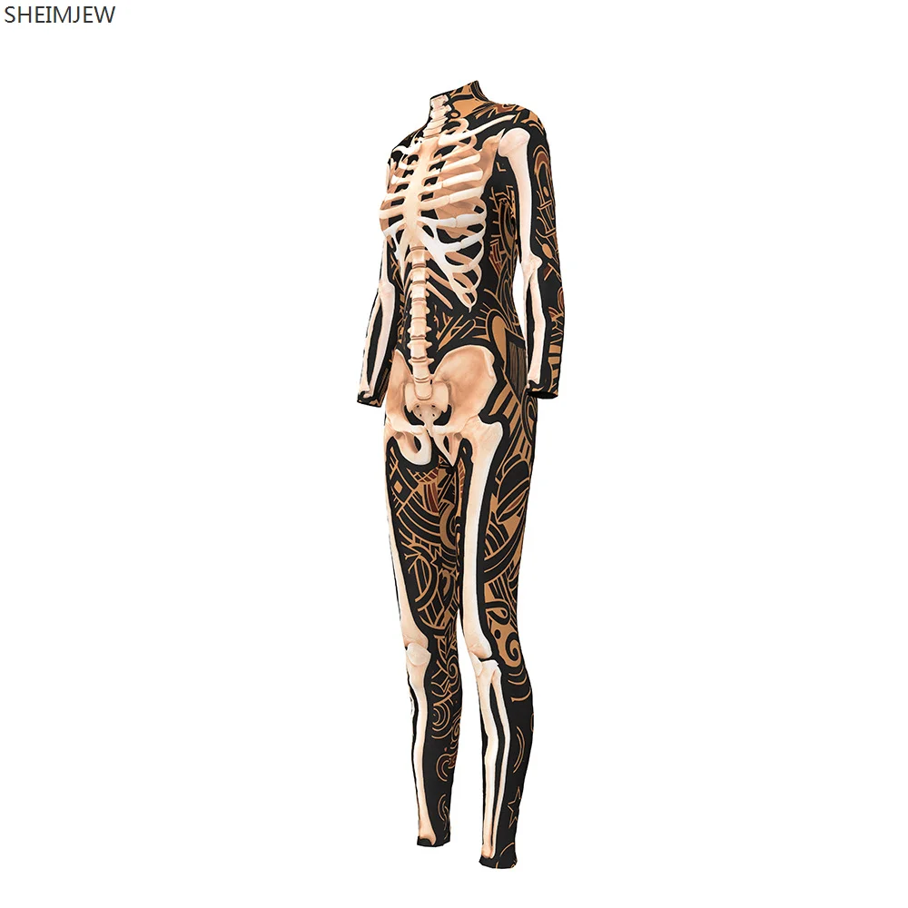 

Womens Horror Skull Print Bodysuit Halloween Party Cosplay Brown Jumpsuit Adult Gothic Skeleton Bodysuit Carnival Costume