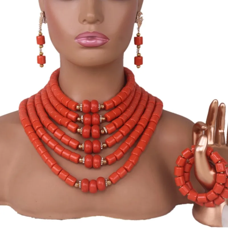

Dudo Artifical African Coral Beads Jewelry Set Six Layers Nigerian Weddings Bridal Necklace Bracelet Earrings Set