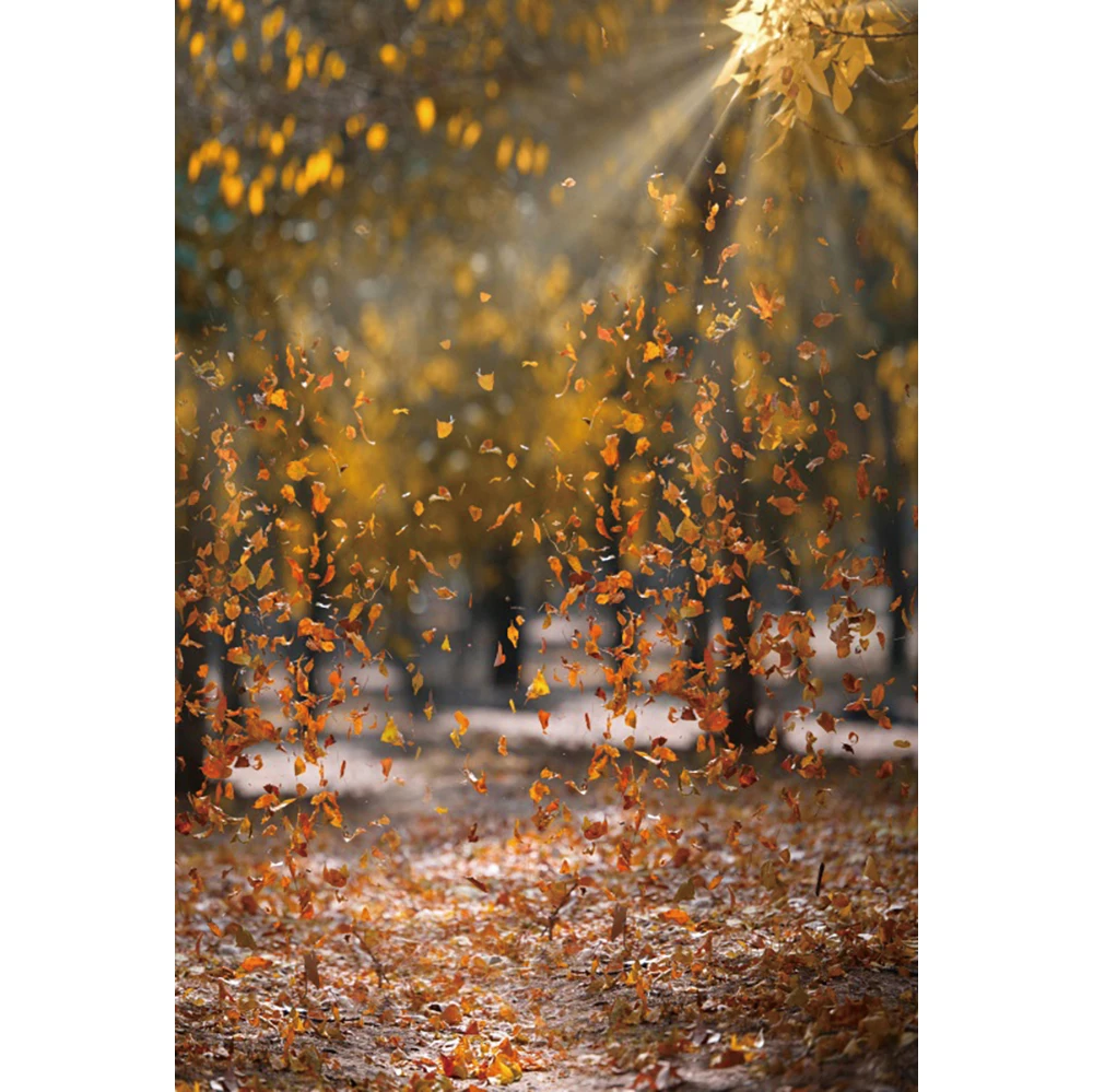 Laeacco Autumn Scenery Photography Backdrop Yellow Trees Fallen Maple Leaves Forest Pathway Kids Adult Portrait Photo Background